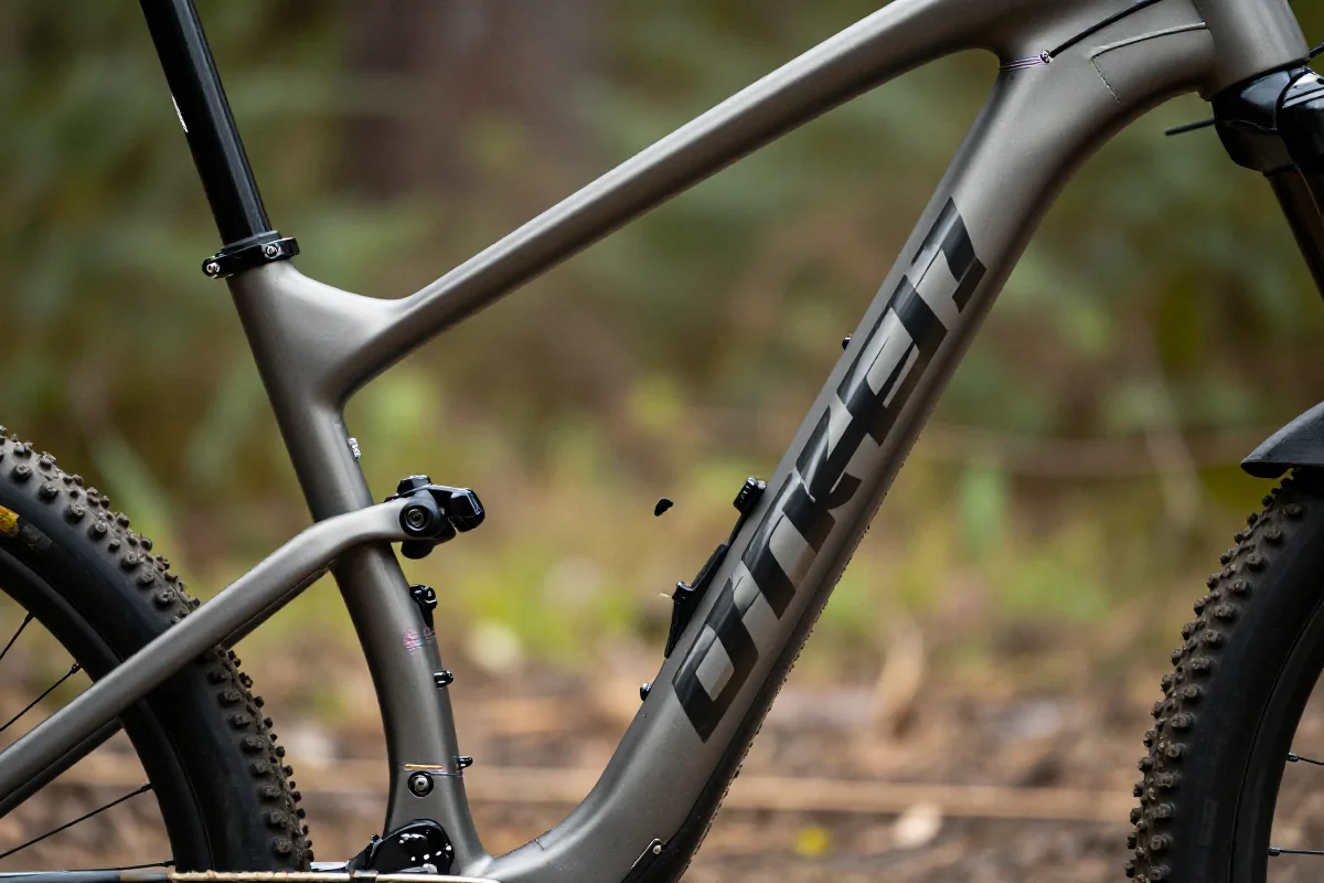 Rama roweru górskiego do jazdy XC na tle leśnego terenu.