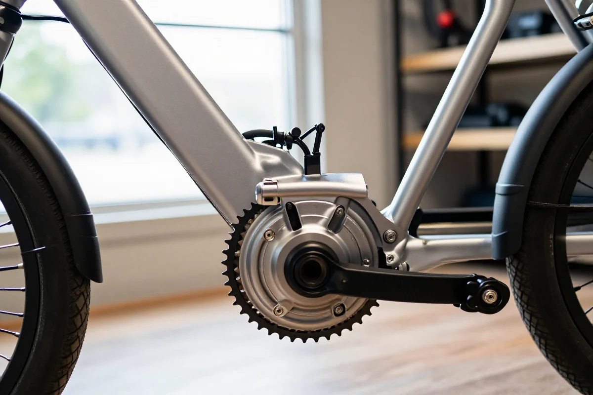 Zbliżenie na silnik elektryczny roweru z detalami komponentów i ramy.