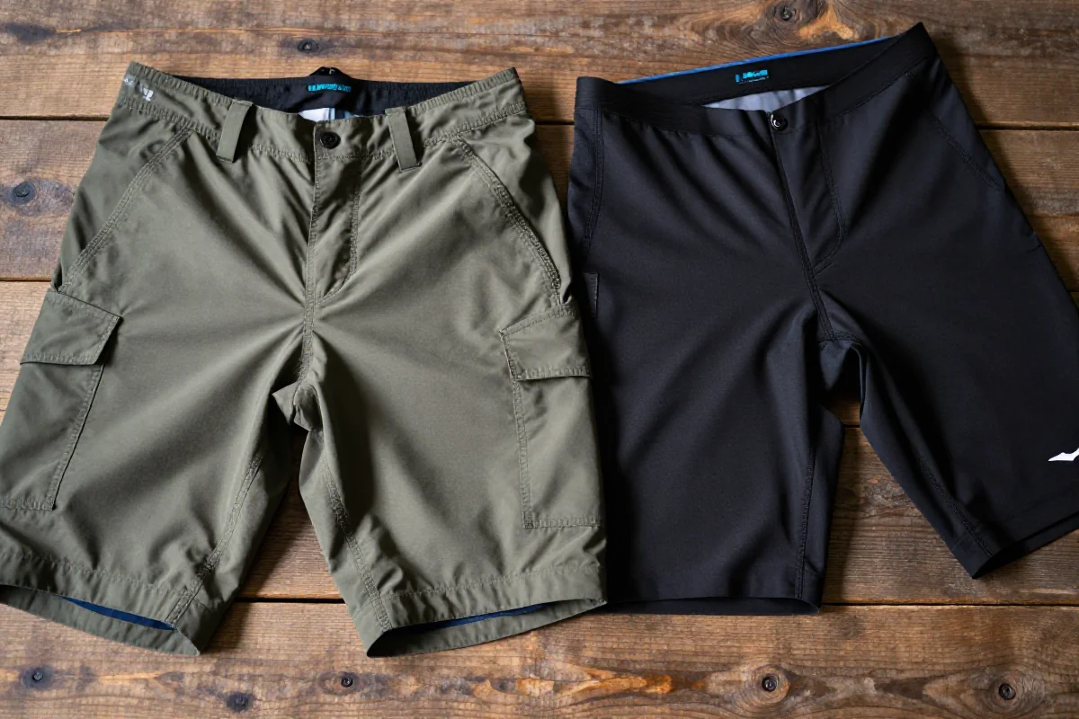 Dwa rodzaje spodenek MTB: Baggy i Lycra na drewnianym blacie.