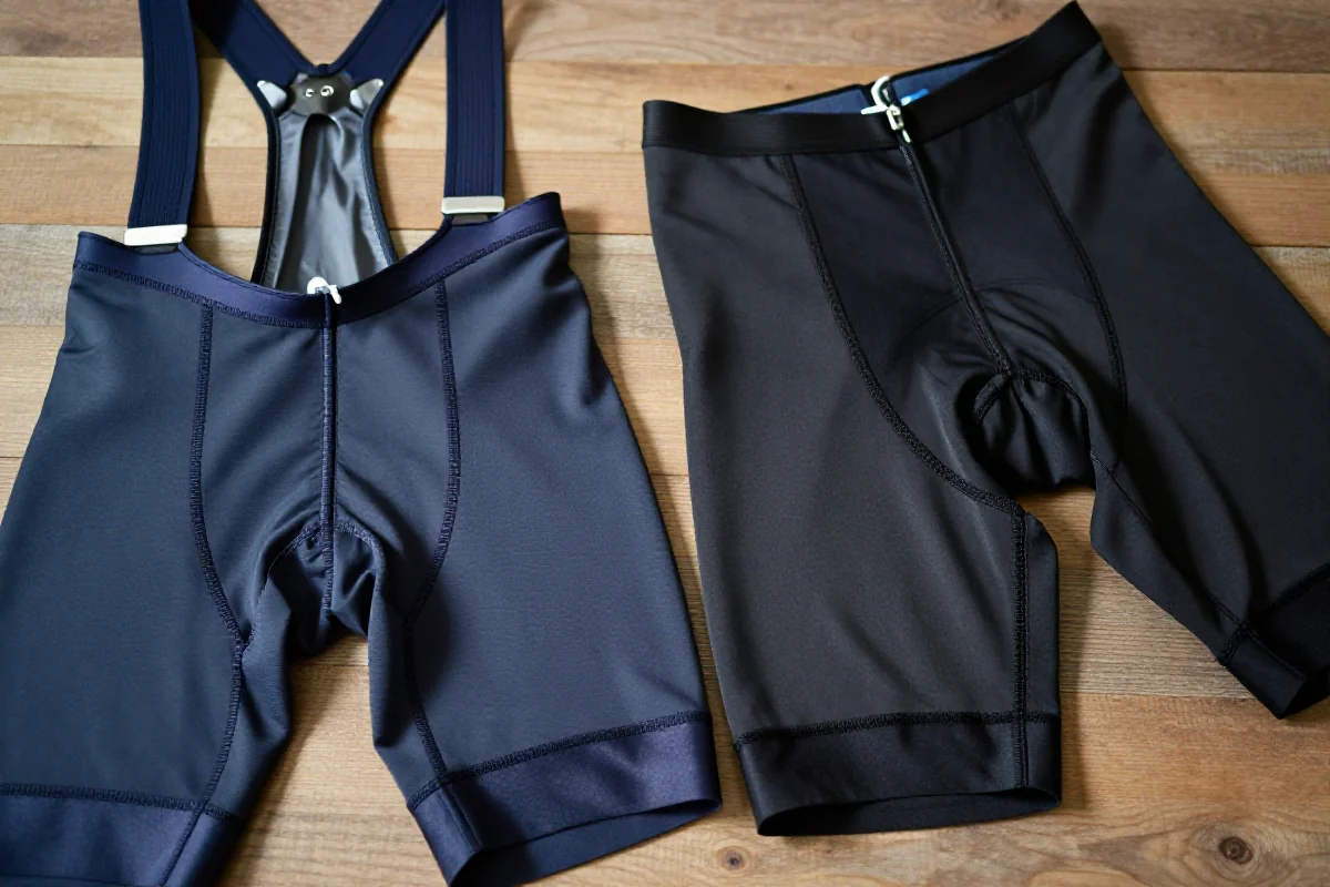 Porównanie spodenek kolarskich bib i klasycznych na drewnianym tle.