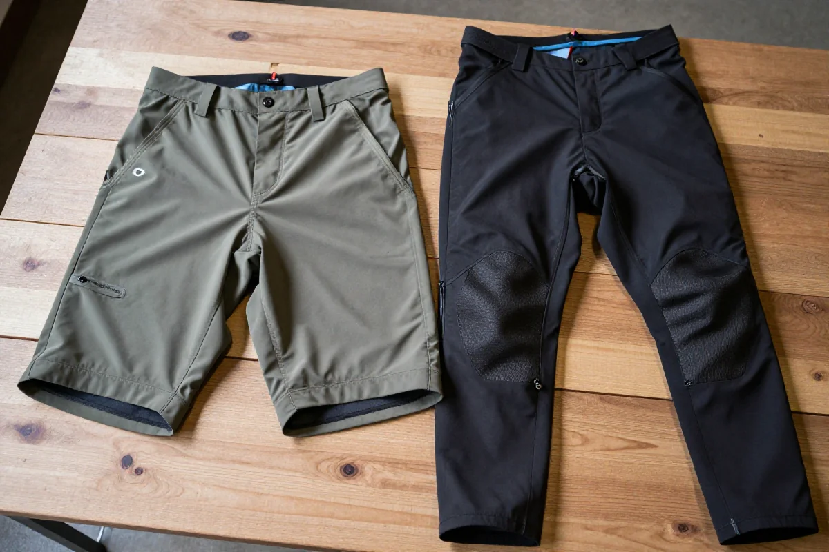 Spodenki i spodnie MTB na drewnianym tle, ukazujące ich funkcjonalność i materiały.