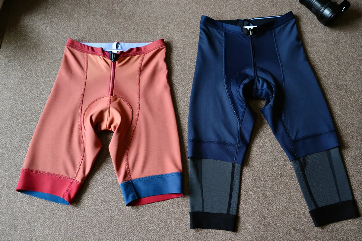 Porównanie spodenek kolarskich krótkich i 3/4 na teksturowanej powierzchni.