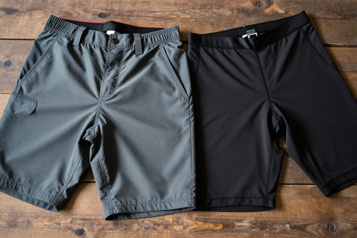 Rodzaje spodenek MTB: luźne i dopasowane na tle drewnianej powierzchni.