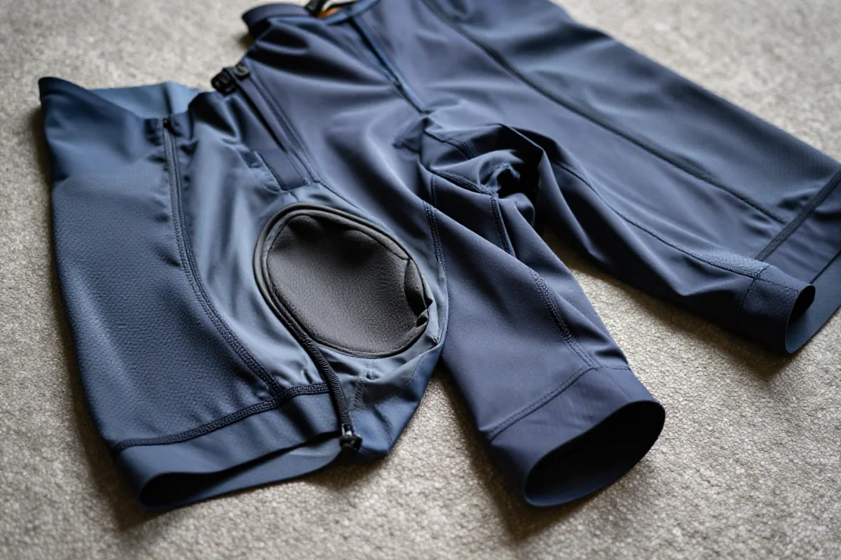 Blisko zdjęcie spodenek 2w1 z wkładką rowerową i wentylacją.