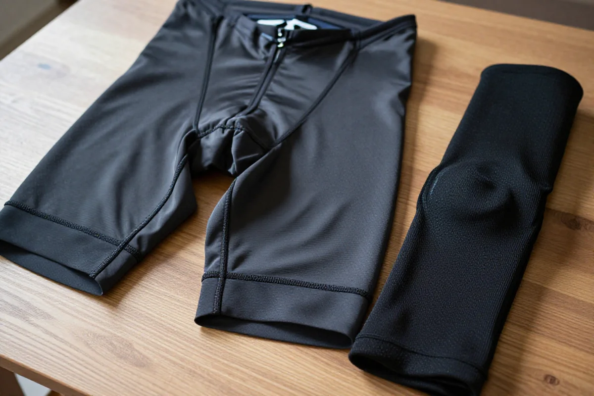 Zimowe spodenki kolarskie i getry na drewnianej powierzchni, pokazujące nowoczesne materiały.