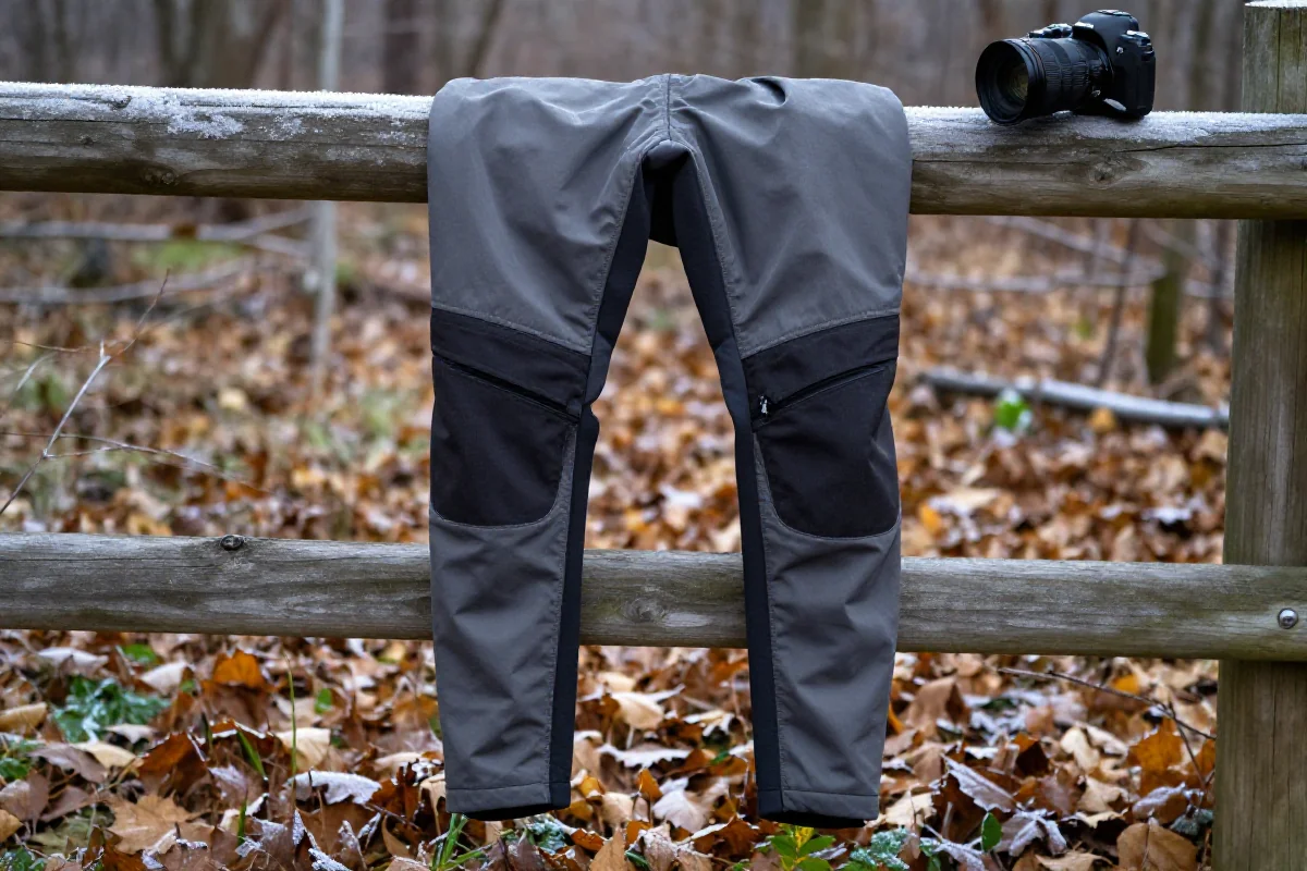 Długie spodnie MTB na jesień i zimę, wiszące na drewnianym ogrodzeniu.