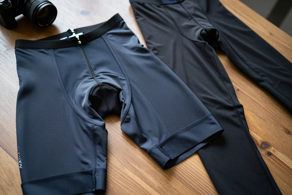 Wysokiej jakości spodenki rowerowe i długie spodnie na drewnianym tle