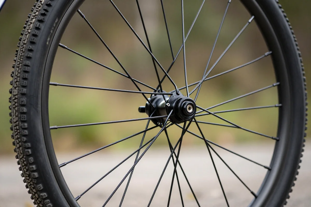 Szczegóły koła rowerowego górskiego, układ szprych i wzory zaplotu.