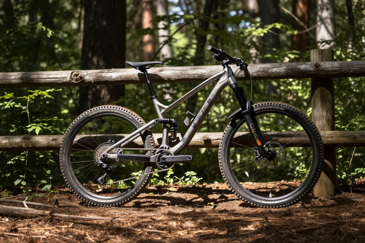 Rower górski oparty o drewniane ogrodzenie w malowniczym lesie