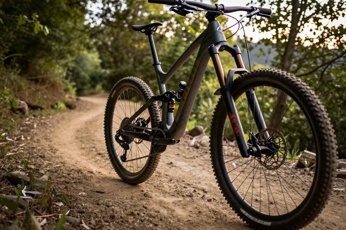 Rower górski na ścieżce terenowej w Polsce, przedstawiający szczegóły sprzętu MTB.