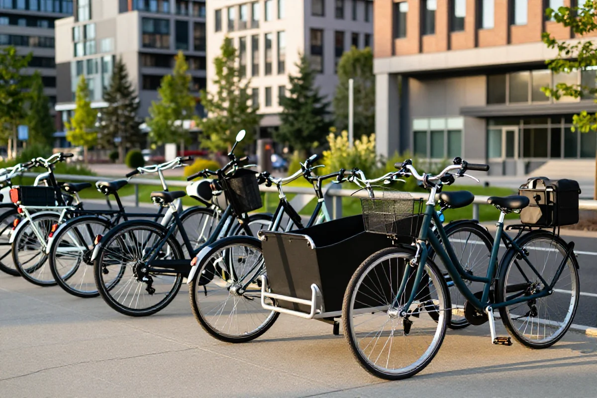 Różnorodne rowery miejskie w przestrzeni miejskiej, podkreślające społeczność rowerową.