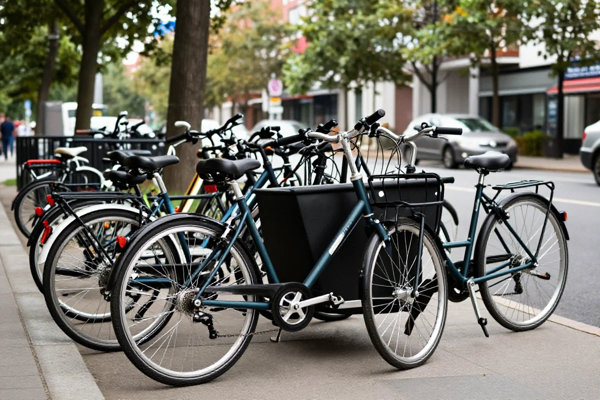 Scena rowerowa w mieście z różnorodnymi rowerami na tle zieleni.