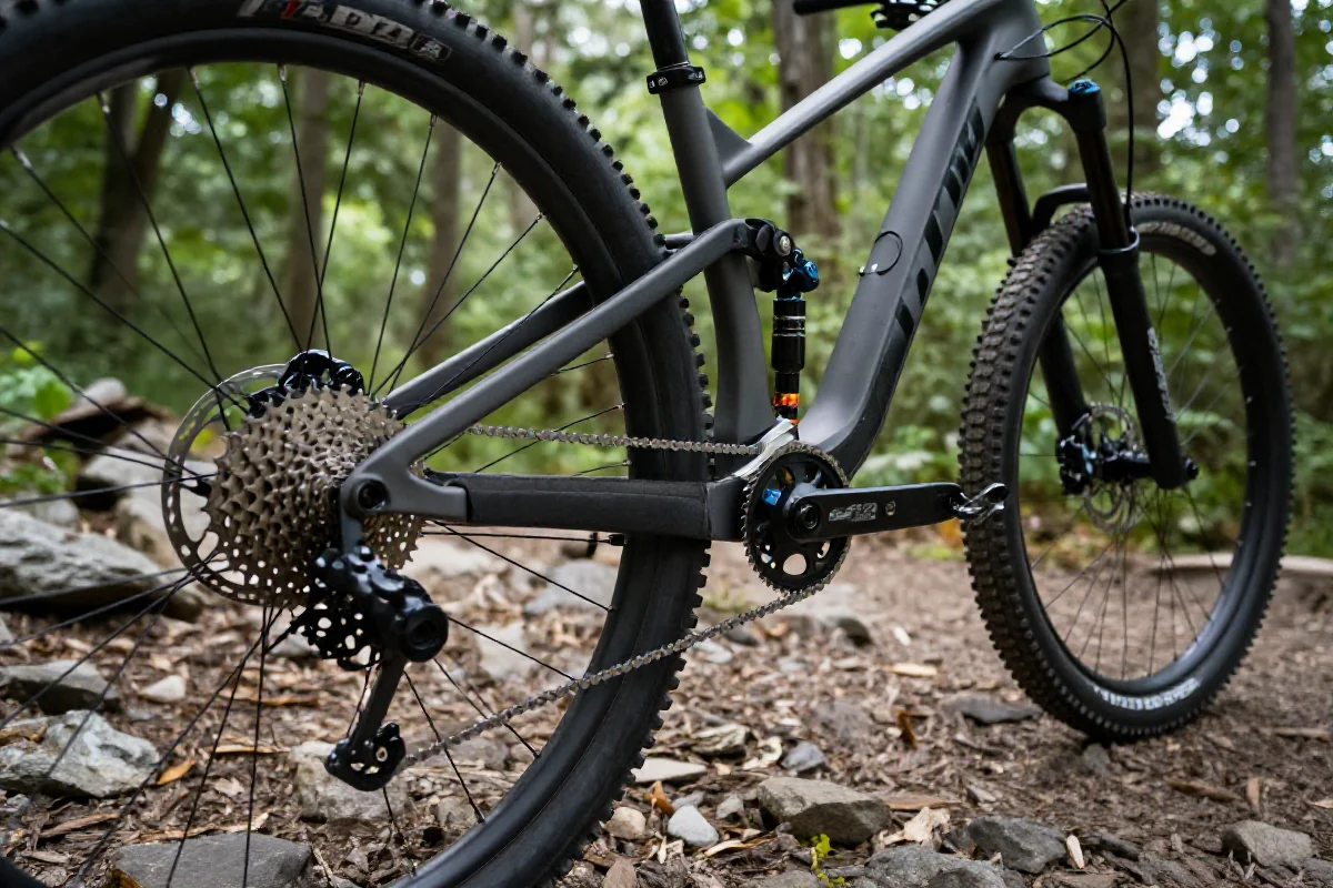 Szczegóły techniczne roweru górskiego na leśnej trasie MTB.