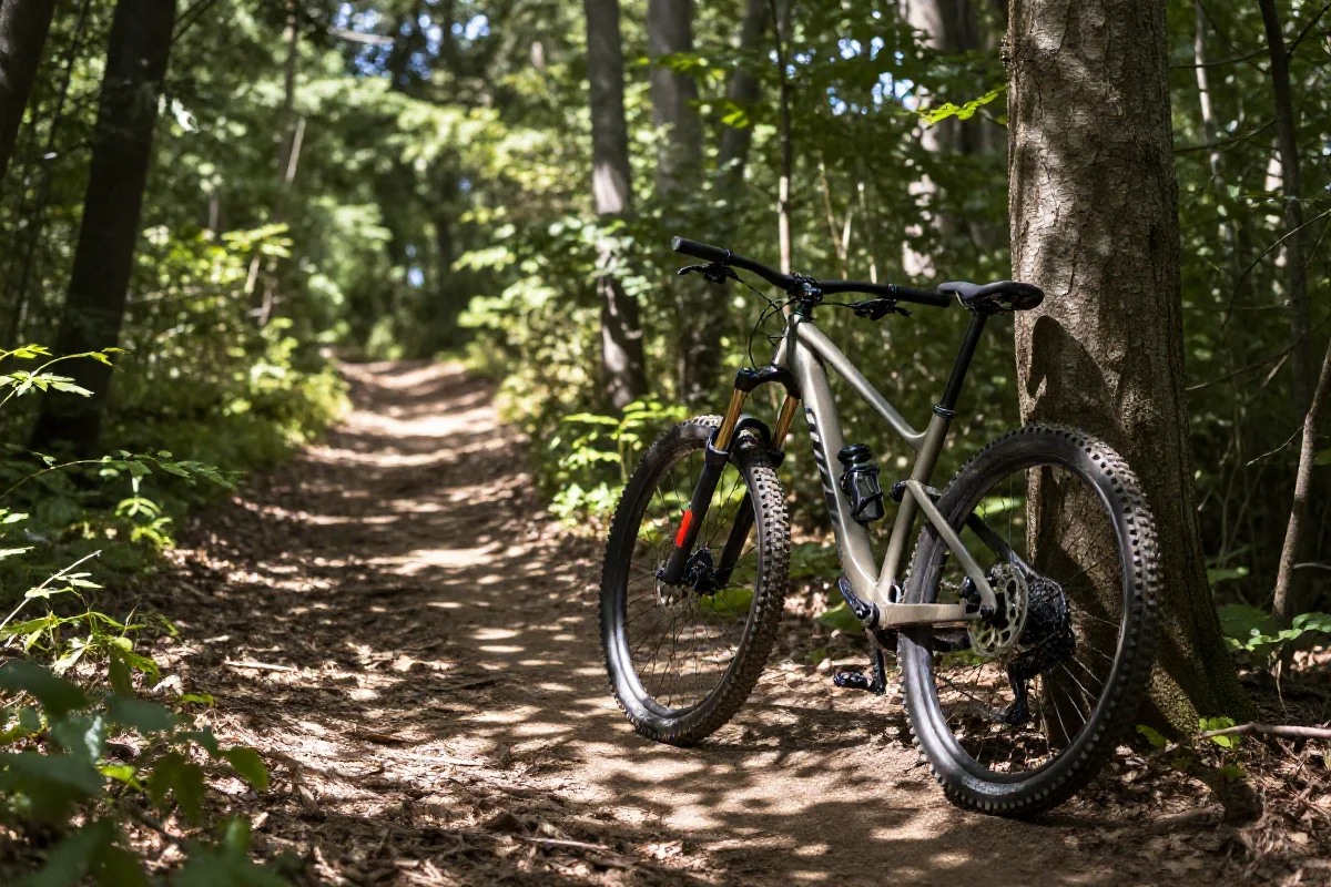 Malownicza trasa rowerowa w lesie z góralem przy drzewie.