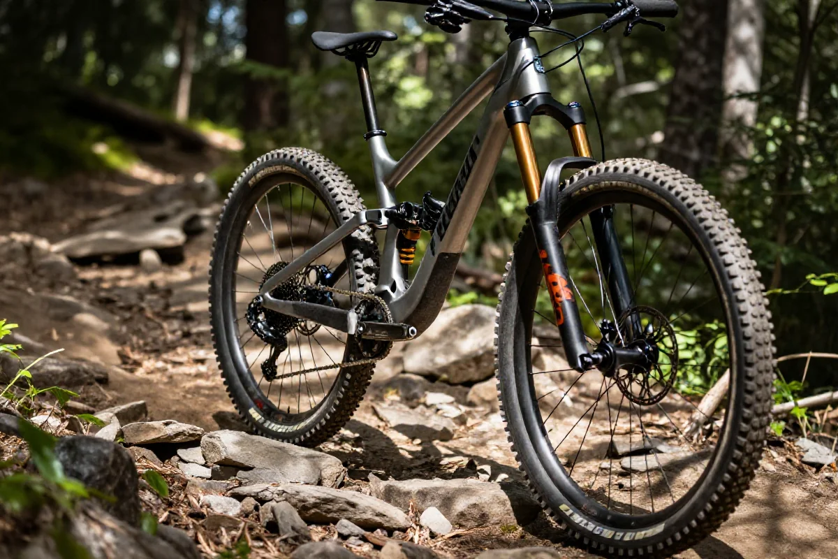Bliska fotografia profesjonalnego roweru górskiego na leśnej ścieżce.