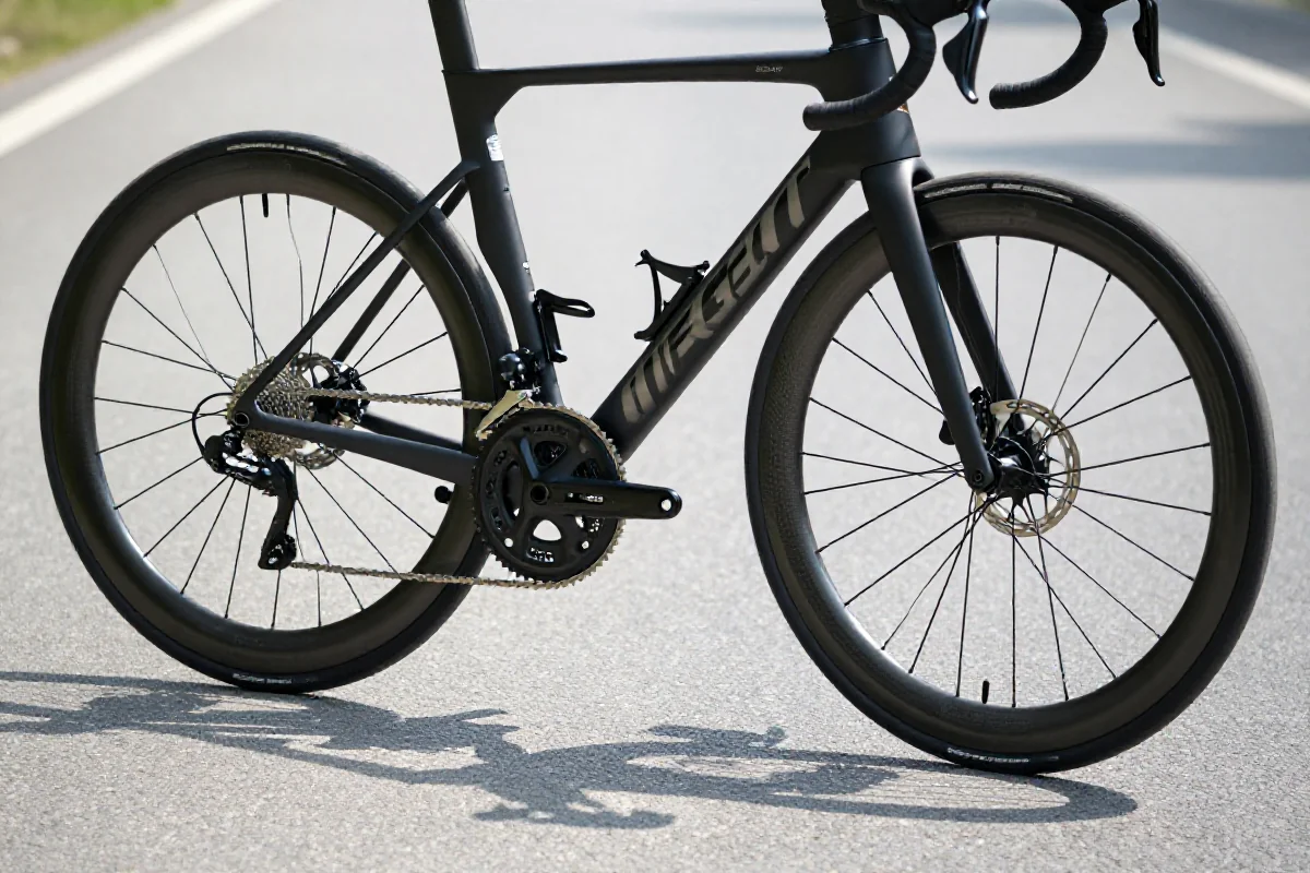 Szczegóły roweru szosowego z naciskiem na techniczne komponenty.