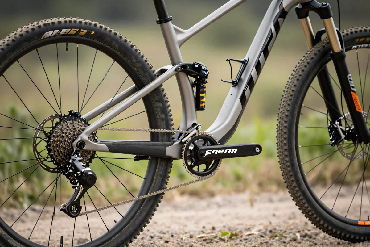 Szczegółowe zdjęcie górskiego roweru, ukazujące komponenty i wydajność sprinterską.