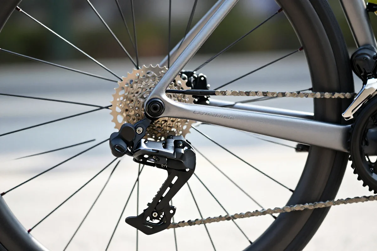 Bezprzewodowy system zmiany przełożeń na rowerze szosowym, nowoczesne komponenty.