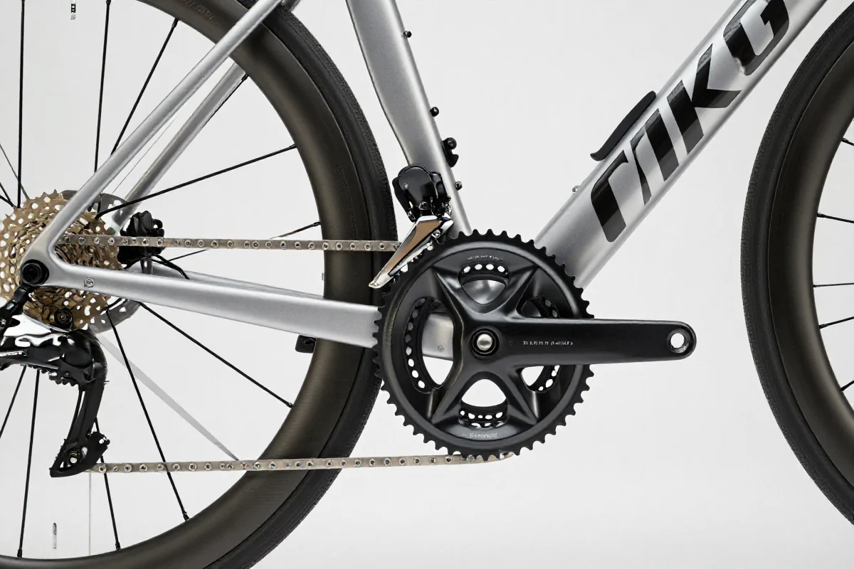 Szczegóły nowoczesnego napędu rowerowego, w tym klamkomanetki i przerzutki.