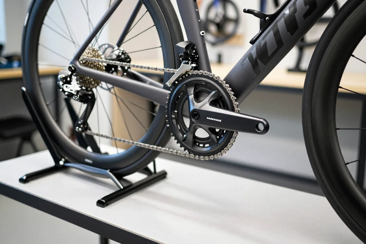 Bliskie ujęcie komponentów napędu roweru szosowego, w tym bezprzewodowych manetek i przerzutek.