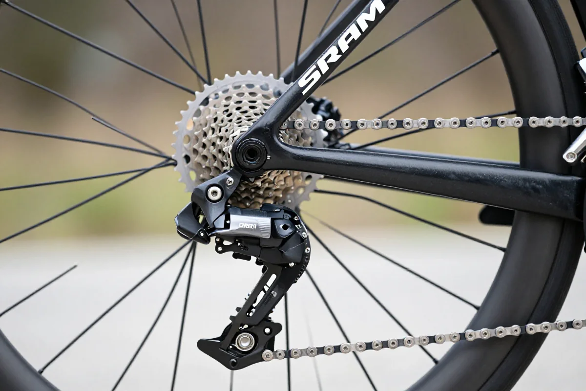 Blisko zdjęcie napędu roweru szosowego z bezprzewodową zmianą biegów.