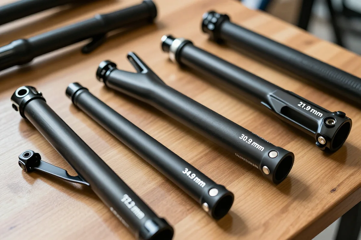 Różne średnice seatpostów rowerowych pokazujące sztywne sztyce.