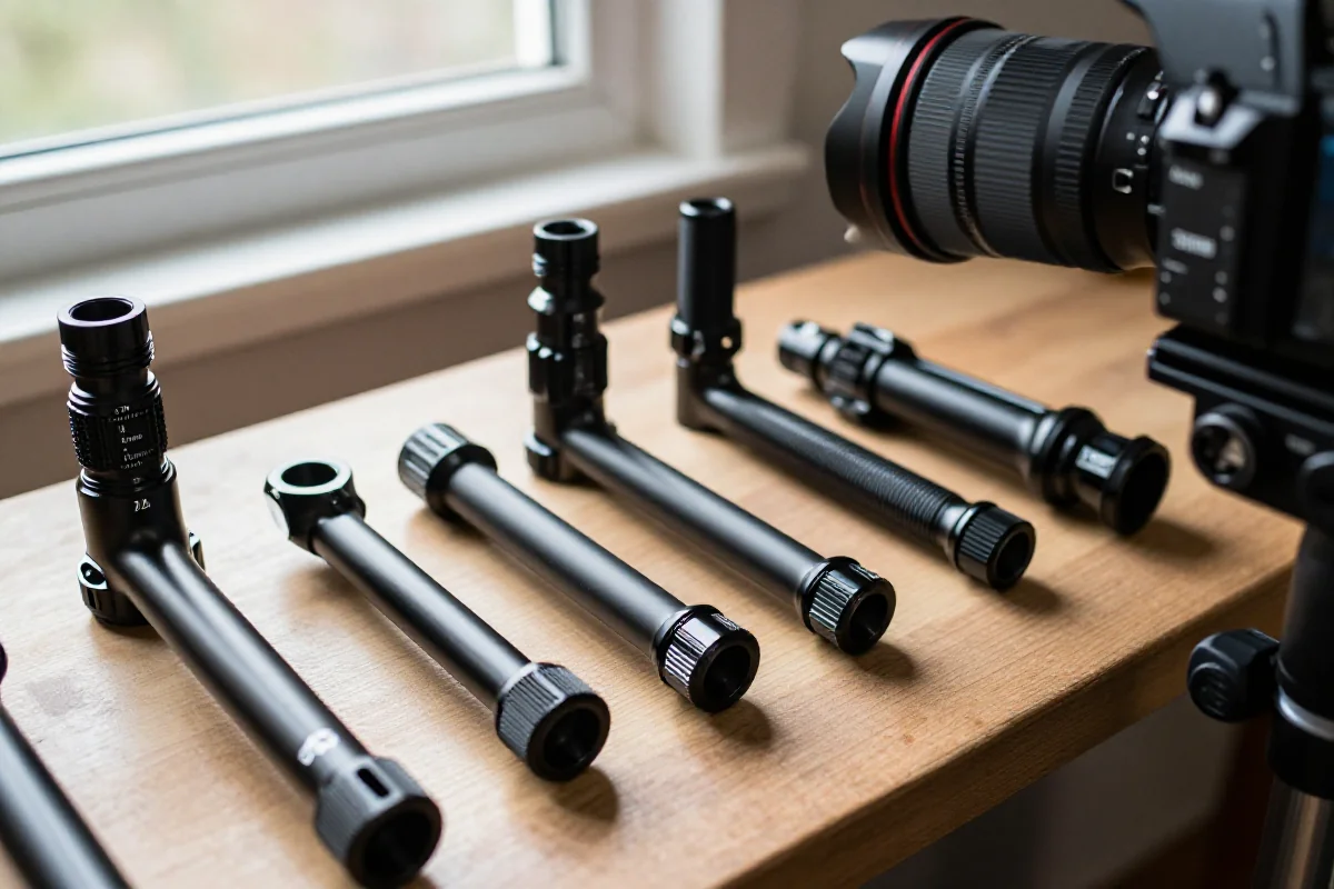 Różne średnice sztyc podsiodłowych MTB na drewnianym stole warsztatowym.