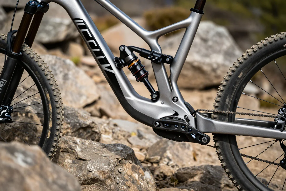 Zbliżenie na system zawieszenia roweru górskiego, idealnego do pokonywania dropów.