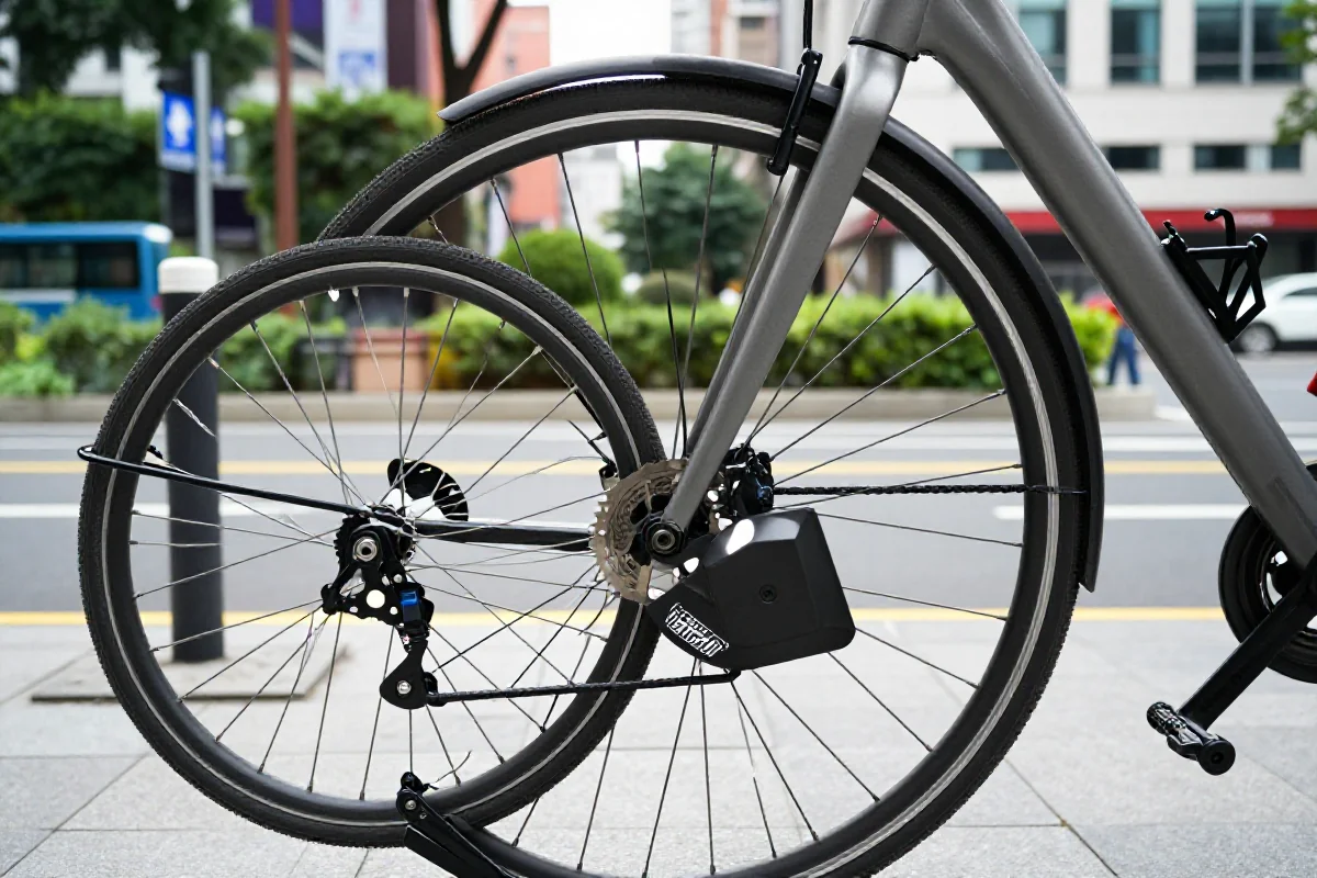 Nowoczesny rower miejski w miejskim otoczeniu, promujący zrównoważoną mobilność.