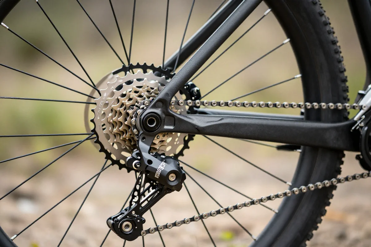 Szczegóły napędu roweru górskiego z systemem 1x12 na tle rozmytym.