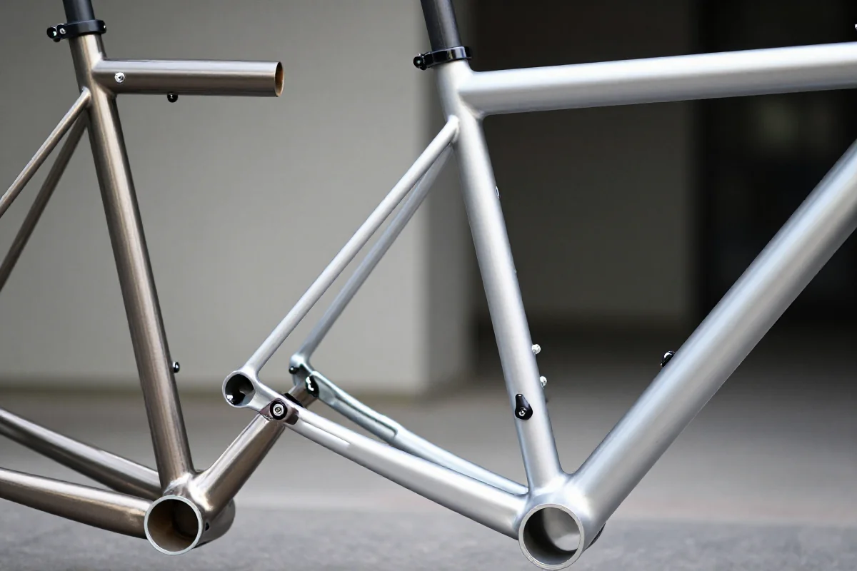 Porównanie ram stalowej i aluminiowej roweru szosowego w naturalnym świetle.