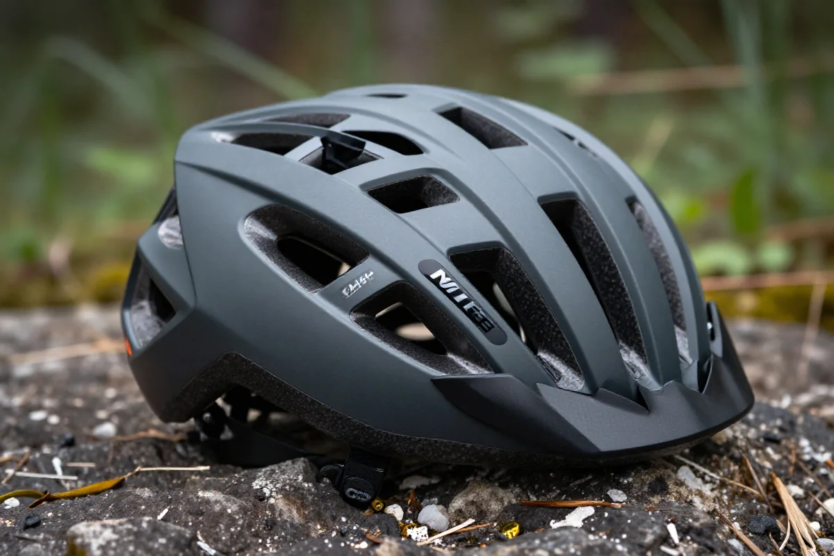 Kask rowerowy MTB z technologią MIPS na tle naturalnym.
