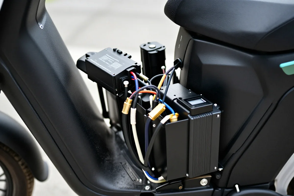 Zbliżenie na komponenty elektrycznego roweru z systemem CAN bus.