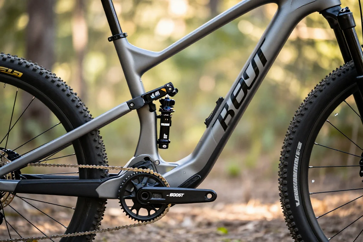 Zbliżenie na ramę roweru górskiego z standardem BOOST i detalami technicznymi.