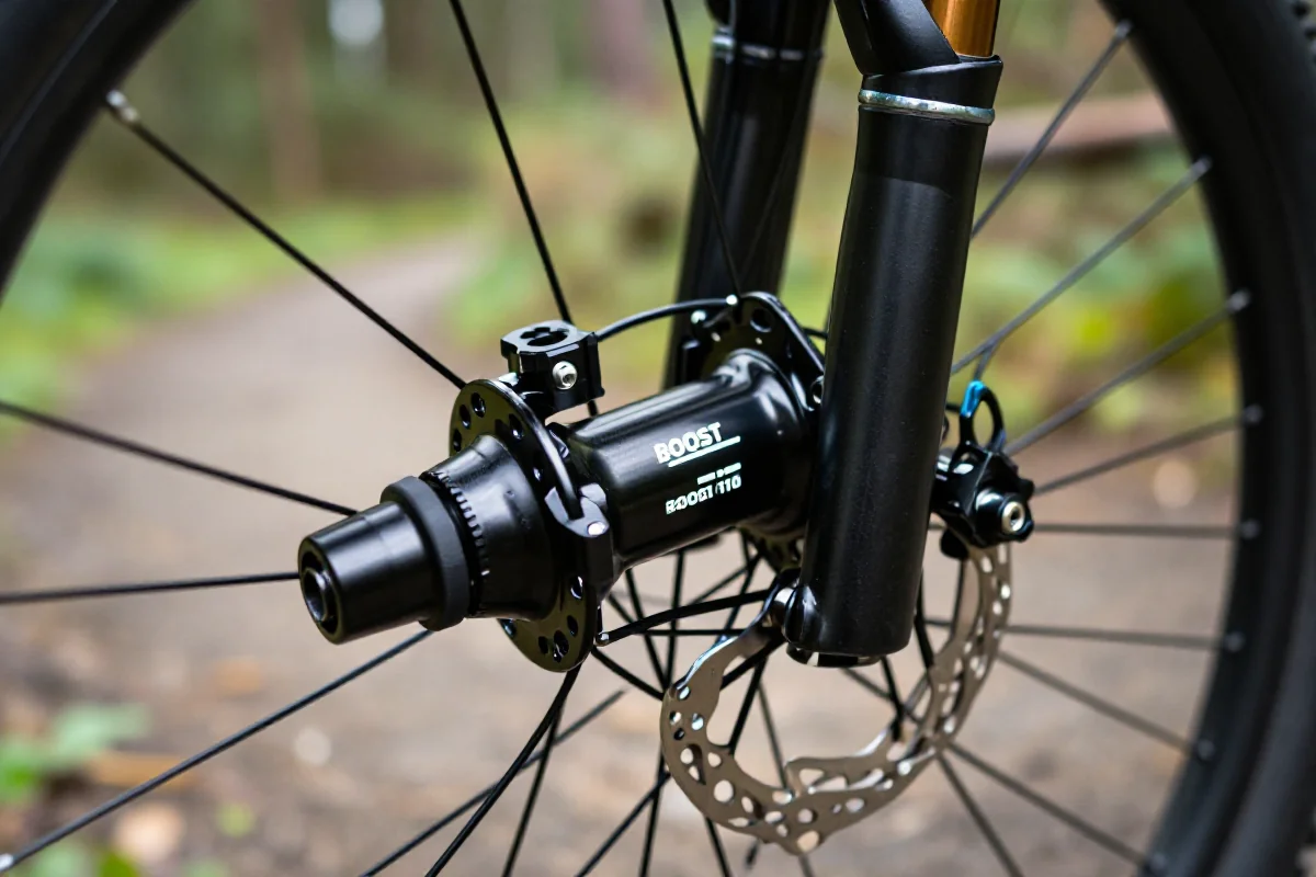 Piasta przednia MTB w standardzie Boost 110 mm na tle leśnej ścieżki.