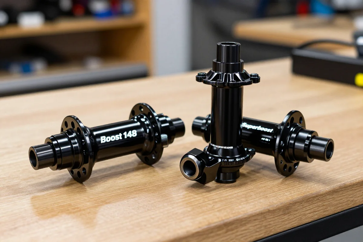 Zbliżenie na piasty tylnych rowerów MTB Boost 148 i Superboost 157.