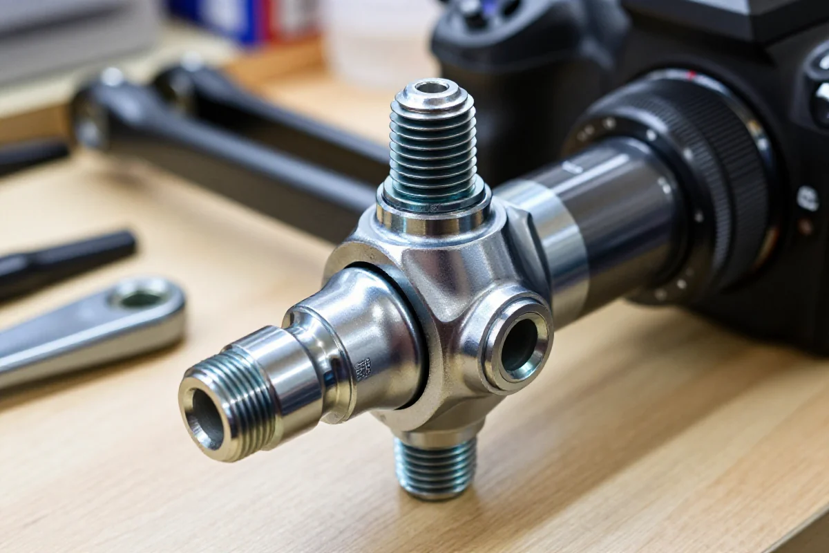 Zbliżenie na gwintowany suport BSA w rowerze górskim.