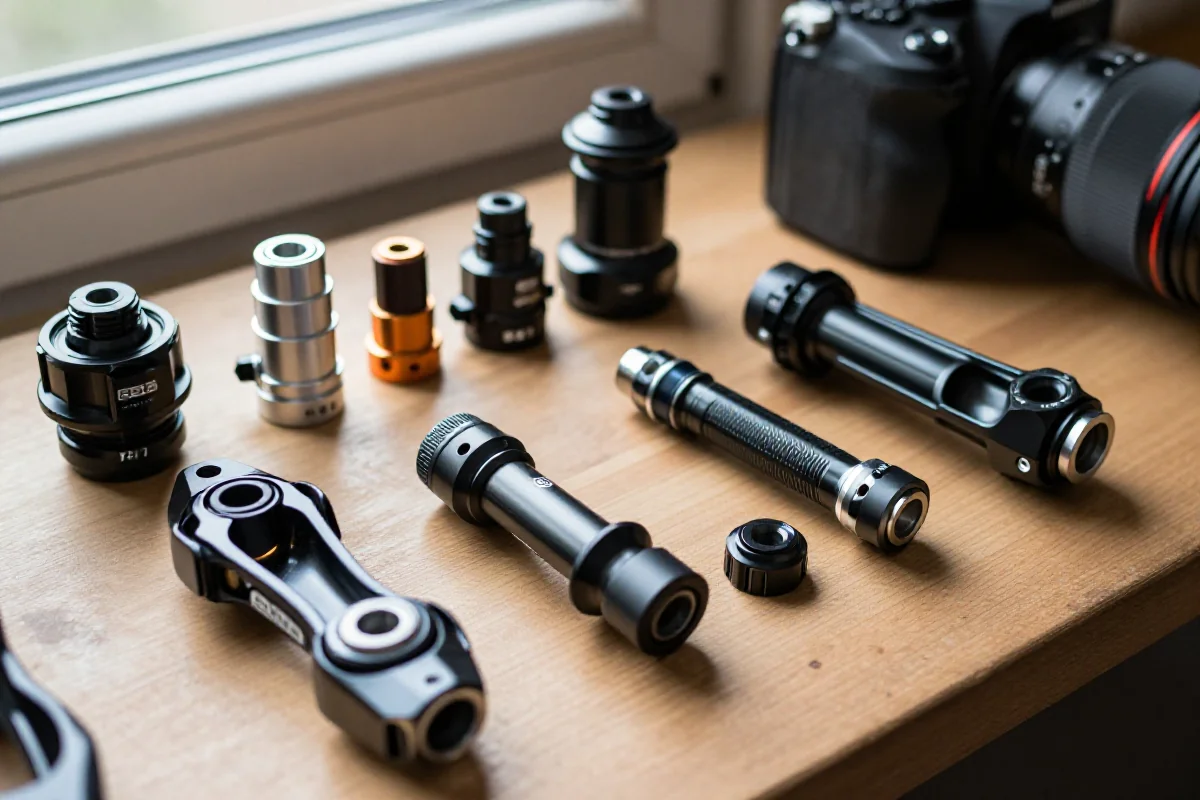 Różne standardy suportów MTB: BSA, PF30, BB92, T47 na warsztacie.