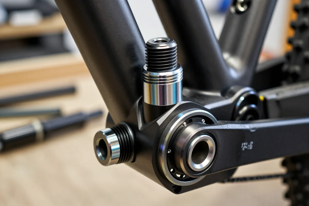 Zbliżenie na gwintowany suport roweru MTB w warsztacie rowerowym.