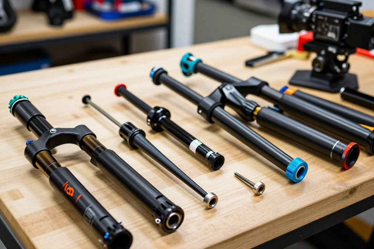 Zdjęcie różnych widelców MTB z różnymi standardami średnicy kolumny sterowej.