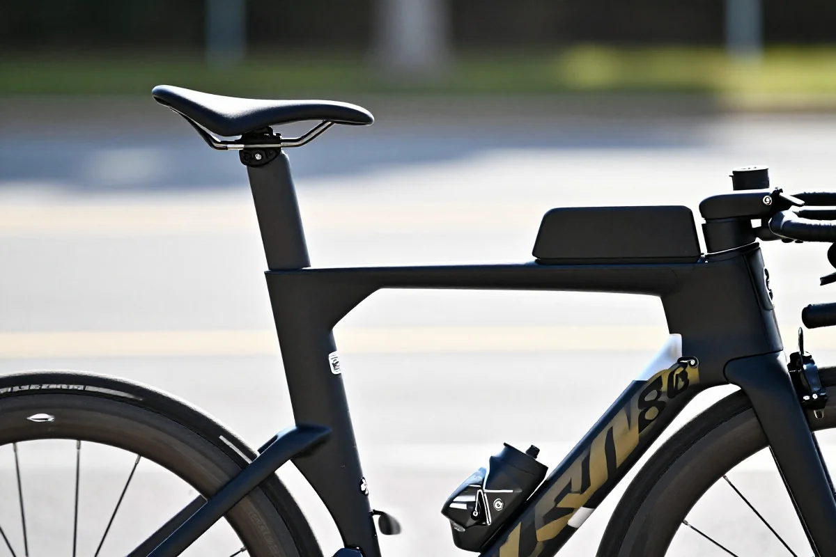 Rower triathlonowy z ostrym kątem siodełka 78-80°, podkreślający jego geometrię.
