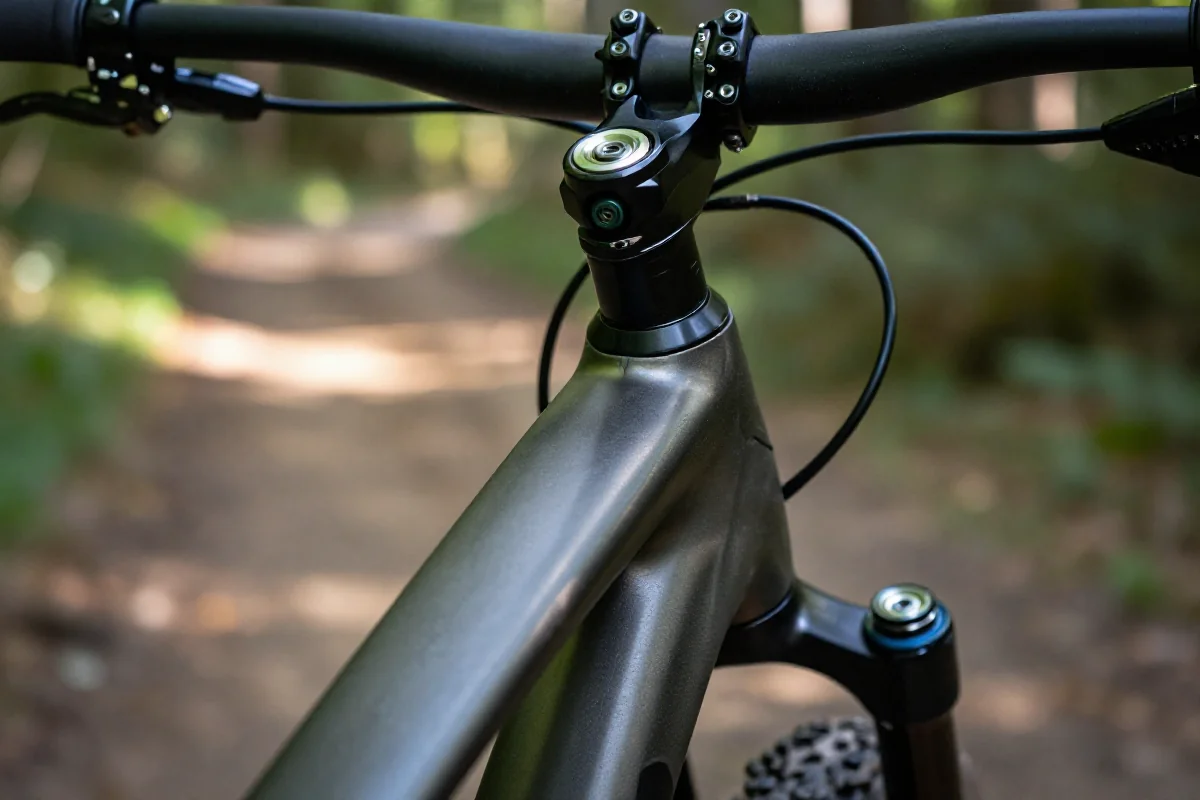 Szczegółowe zdjęcie sterowania roweru MTB w naturalnym otoczeniu