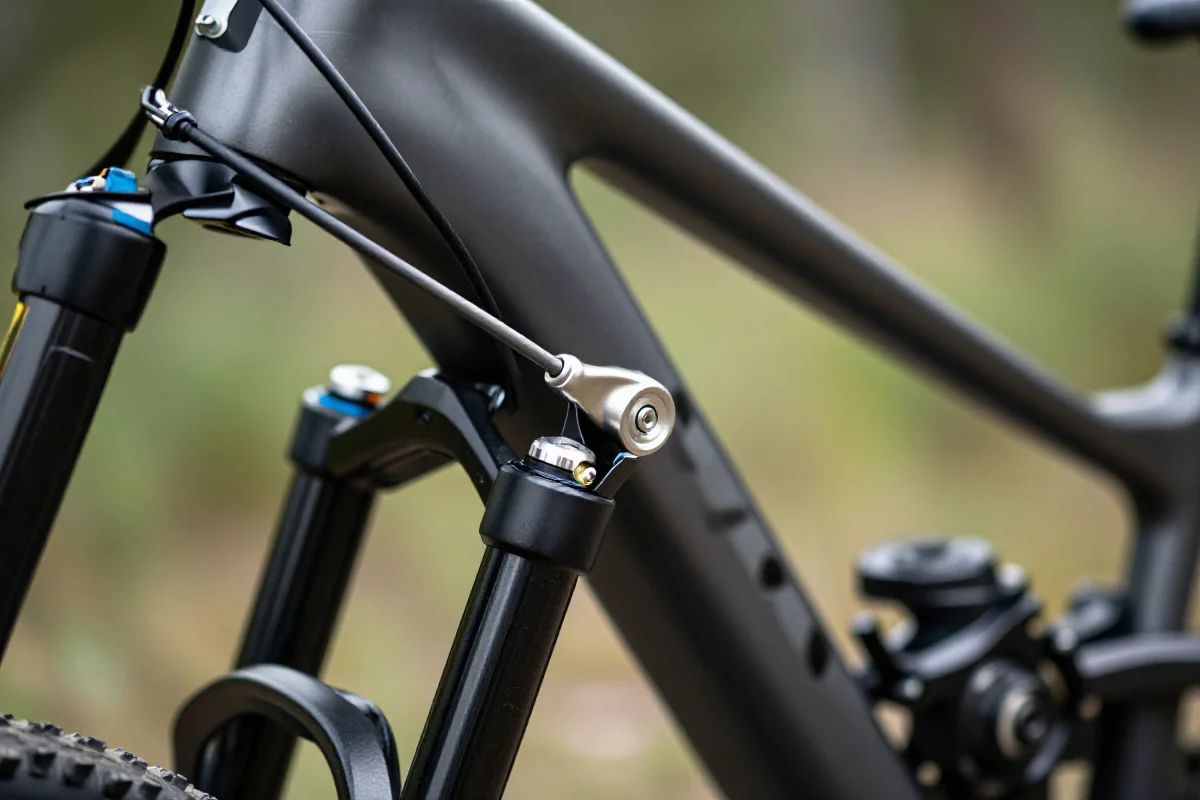 Mechaniczny system sterowania dropper post w rowerze MTB, szczegóły komponentów.