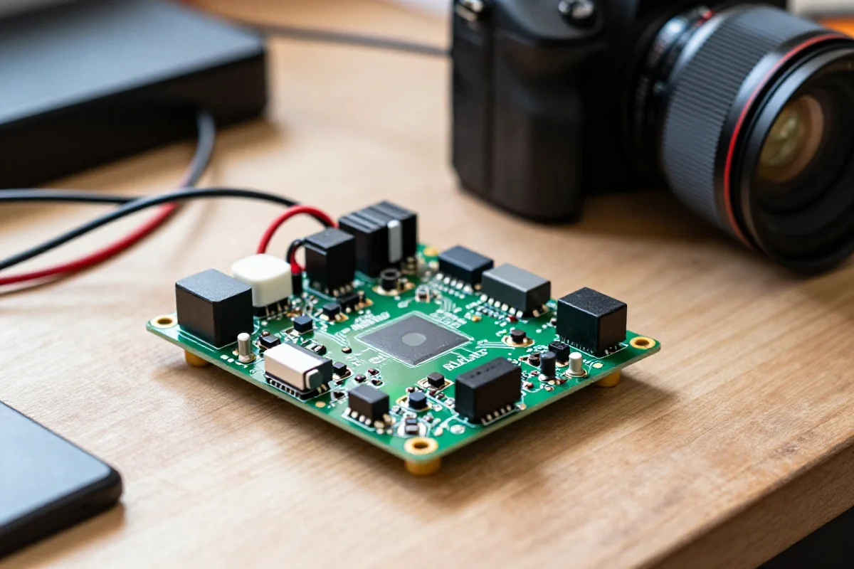 Nowoczesny kontroler mocy roweru elektrycznego z tranzystorami MOSFET na drewnianym stole.