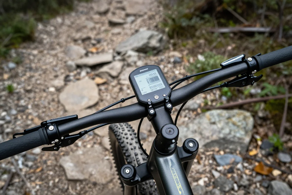 Zaawansowany wyświetlacz e-MTB na kierownicy roweru na szlaku.