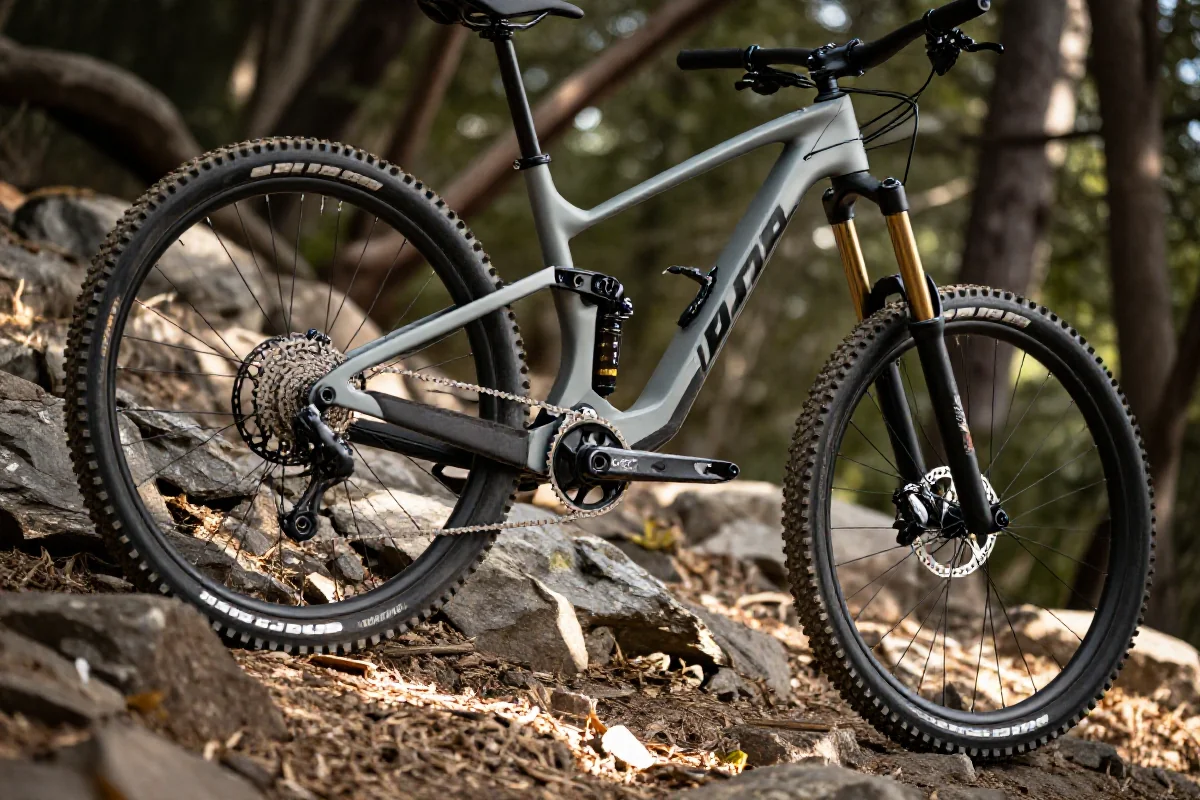 Nowoczesny rower górski na stoku, pokazujący technikę stojącego podjazdu.