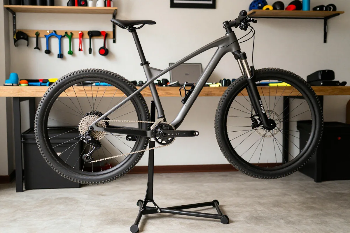 Stojak roboczy w warsztacie z rowerem górskim, narzędzia i akcesoria.