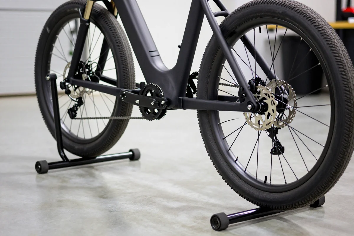 Stojak gravity dla roweru elektrycznego w oświetlonym garażu.