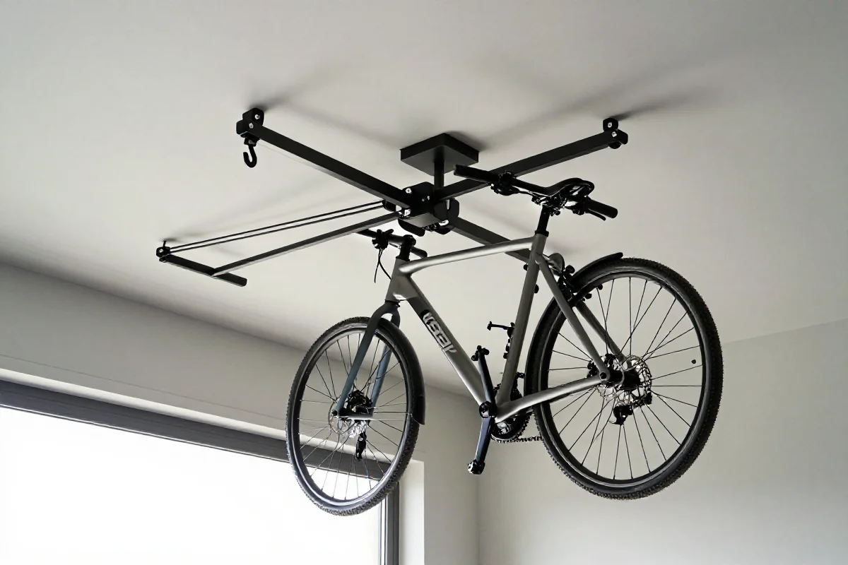 Nowoczesny system sufitowy do przechowywania roweru w garażu.