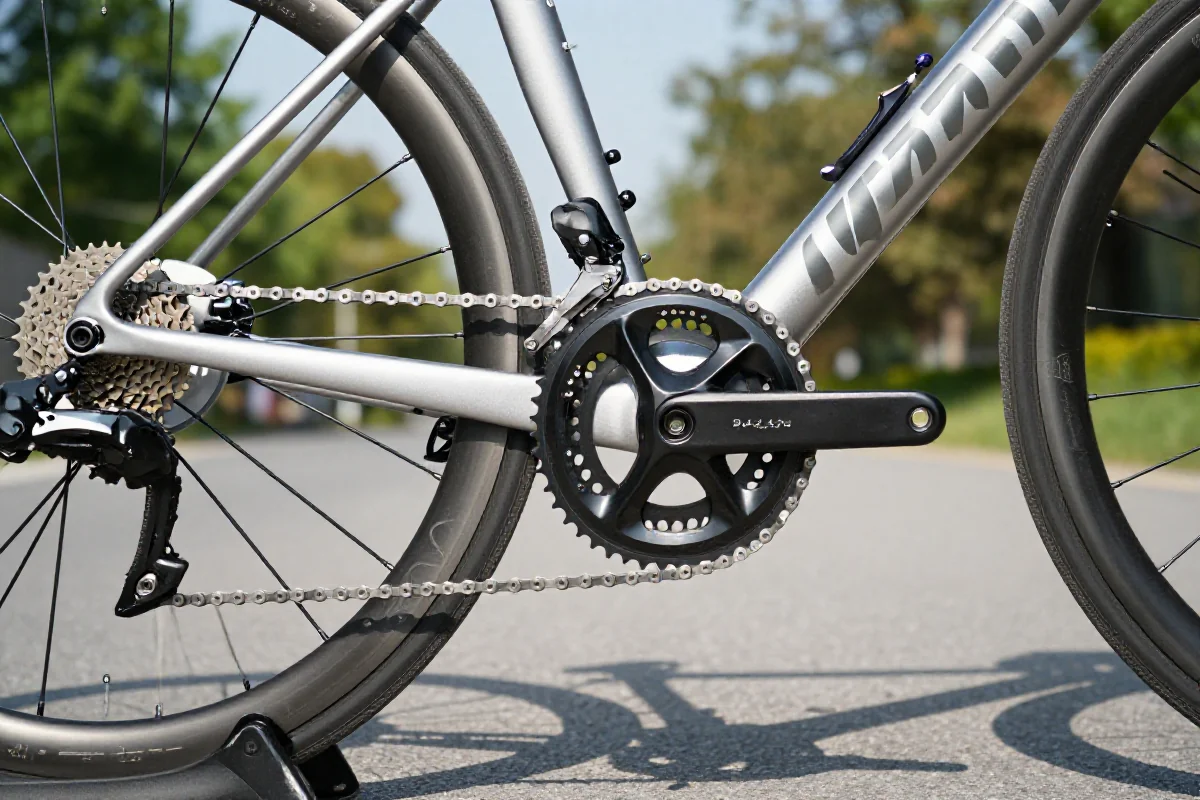 Szczegóły napędu nowoczesnego roweru szosowego na tle drogi.